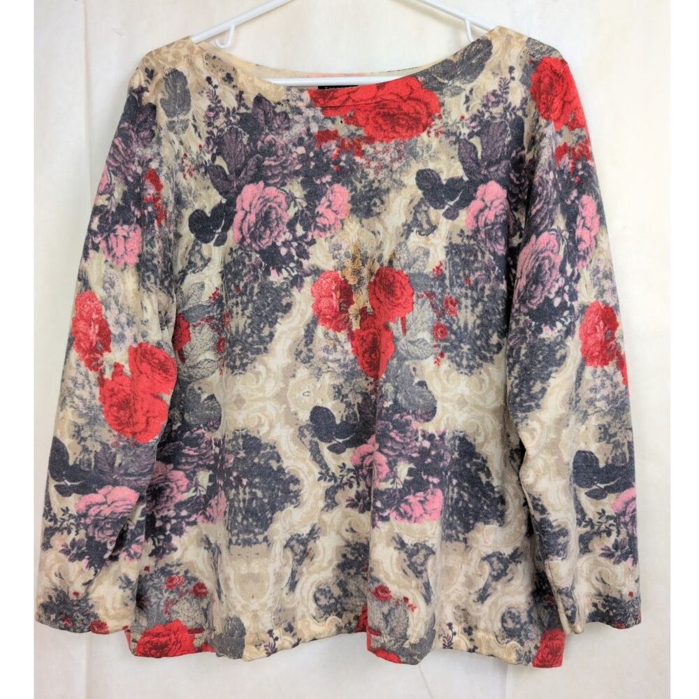 Talbots pure Merino wool tan red rose floral sweater Size 3X Romantic Luxe